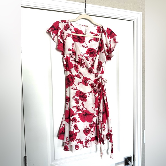NWOT Free People pink and white Floral Wrap Dress with ruffle, V-neck detail - Picture 9 of 12